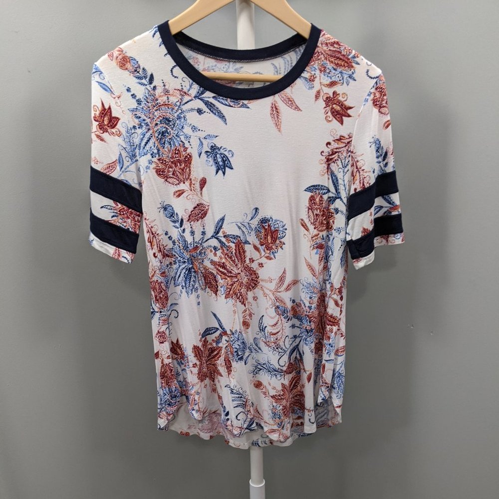 Maurices White Floral Varsity Striped Sleeve Tee,S